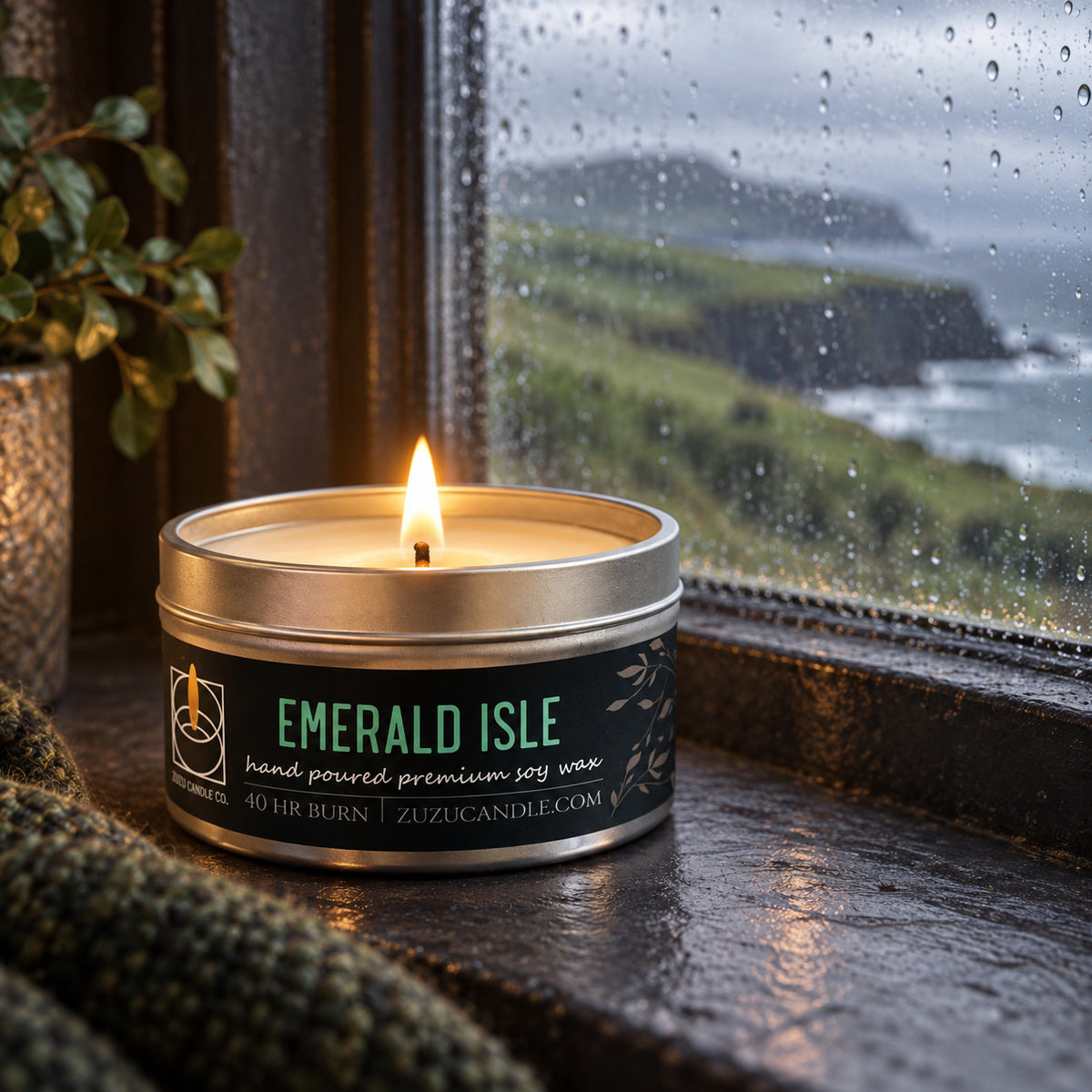 A lit candle in a round metal tin sits on a windowsill with raindrops on the glass and a coastal landscape visible outside. The label reads "EMERALD ISLE" and shows the brand ZUZUCANDLE.
