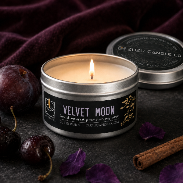 Lit Velvet Moon soy candle with plum, cherries and violet petals