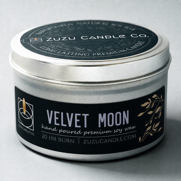 Velvet Moon soy candle in a silver tin by Zuzu Candle Co.